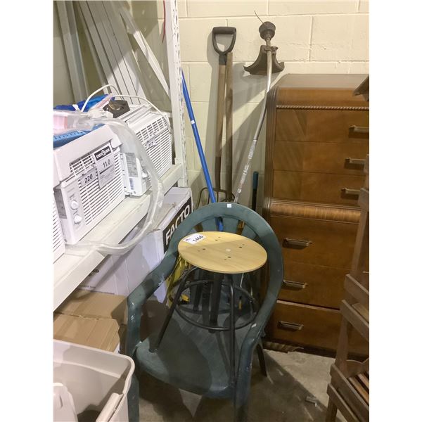 STOOL, PLASTIC CHAIR, CRAFTSMAN WEED WACKER, PITCHFORKS AND MOP AND MOP BUCKET