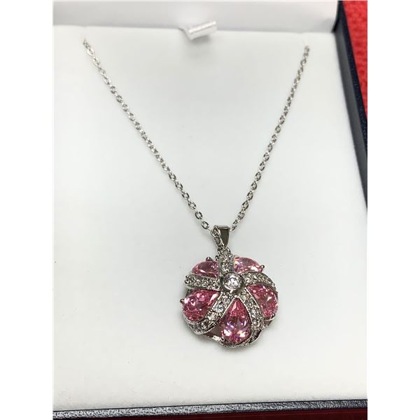 Pink Ice Tear Drop Solitaires Ladies Silver Pendant and Chain Set ingift box