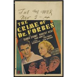 The Crime of Dr. Forbes (Fox, 1936). Window Card