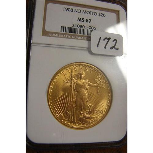 1908 $20.00 St. Gaudens Gold Coin "No Motto" NGC MS 67