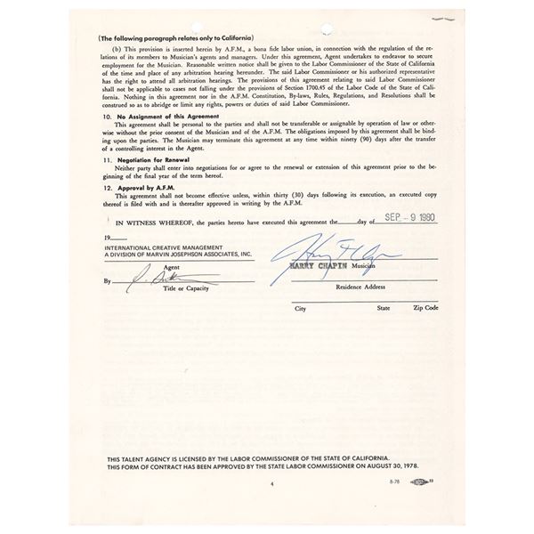 Harry Chapin Document Signed