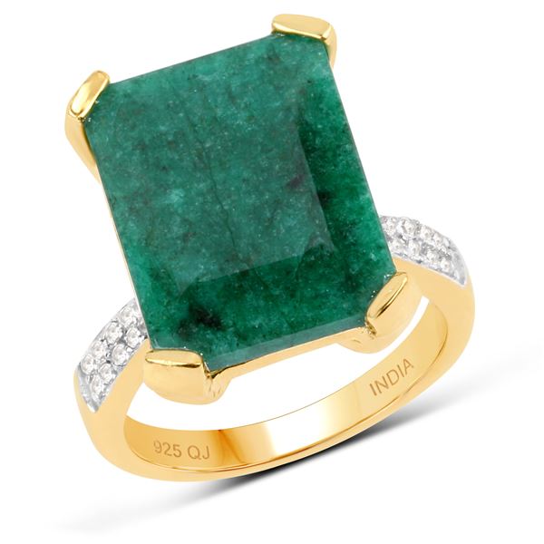 14K Yellow Gold Plated 9.76 Carat Dyed Emerald & White Topaz .925 Sterling Silver Ring