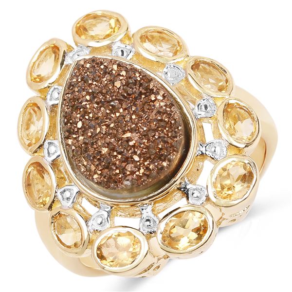 5.14 Carat Genuine Bronze Drusy and Citrine .925 Sterling Silver Ring
