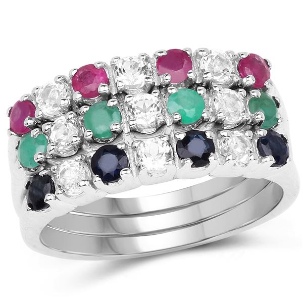 1.56 Carat Genuine Multi Stones .925 Sterling Silver Ring
