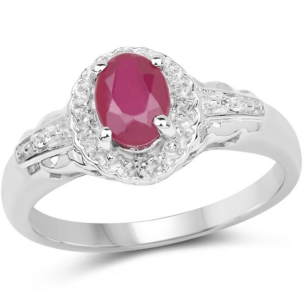 1.03 Carat Glass Filled Ruby and White Topaz .925 Sterling Silver Ring