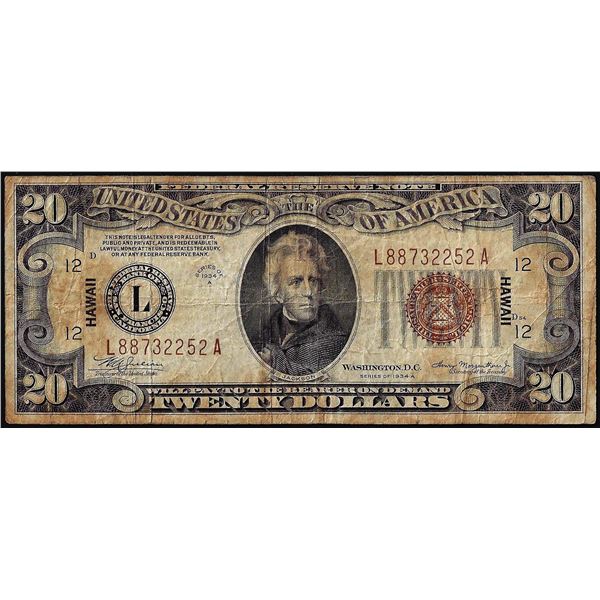 1934A $20 Hawaii WWII Emergency Issue Federal Reserve Note