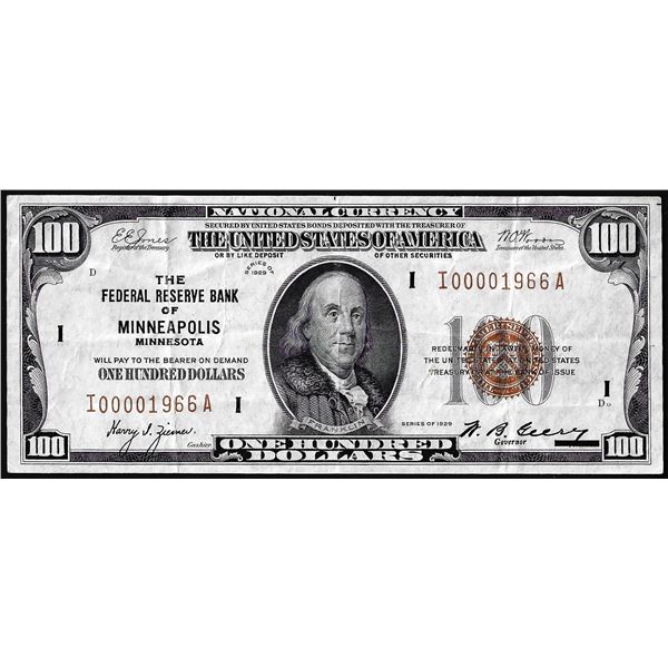 1929 $100 Federal Reserve Bank Note Minneapolis
