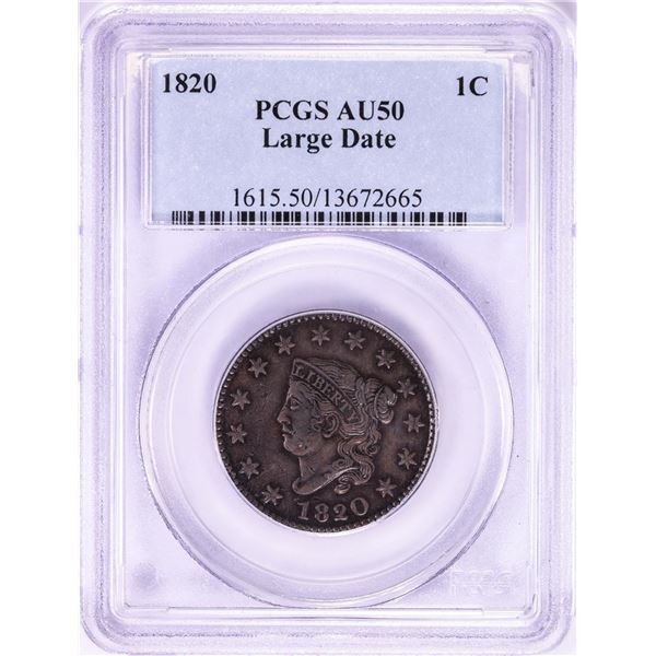 1820 Large Date Coronet Head Large Cent Coin PCGS AU50