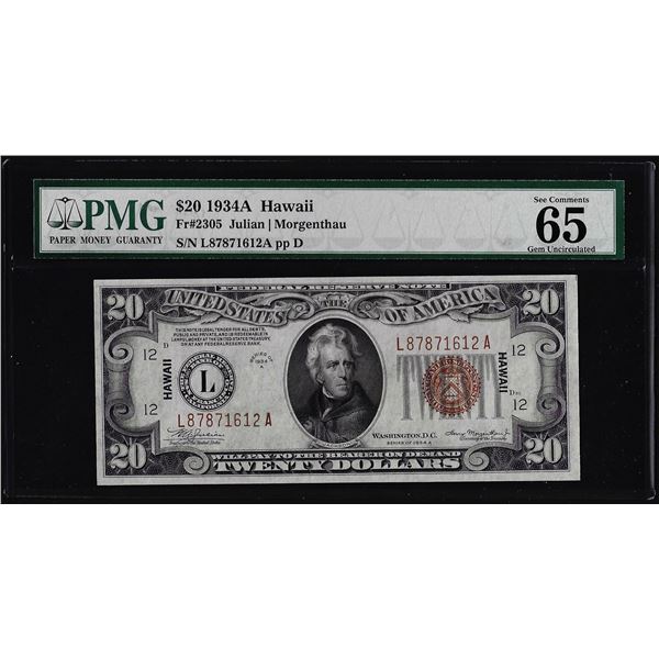 1934A $20 Hawaii WWII Emergency Issue Federal Reserve Note PMG Gem Uncirculated 65EPQ