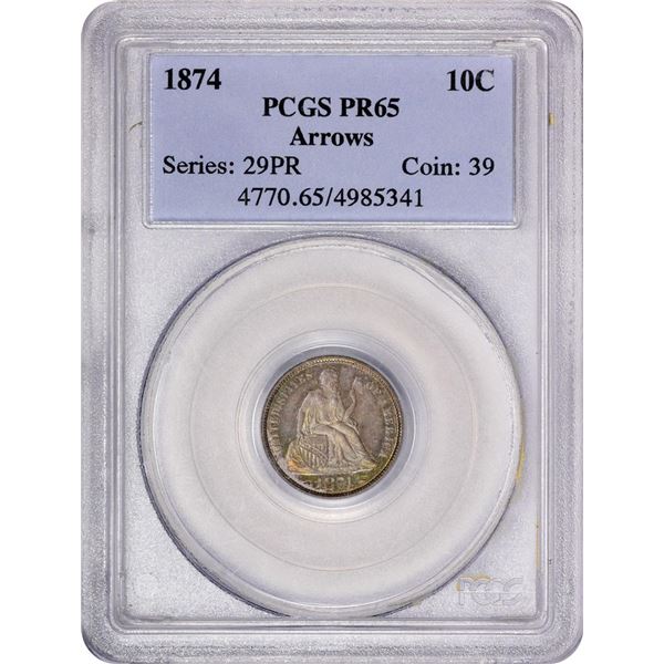 1874 Proof Seated Liberty Dime Coin Arrows PCGS PR65
