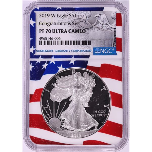 2019-W $1 Proof American Silver Eagle Coin NGC PF70 Ultra Cameo Congratulations Flag