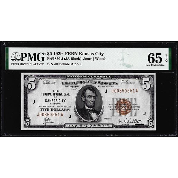 1929 $5 Federal Reserve Bank Note Kansas City Fr.1850-J PMG Gem Uncirculated 65EPQ