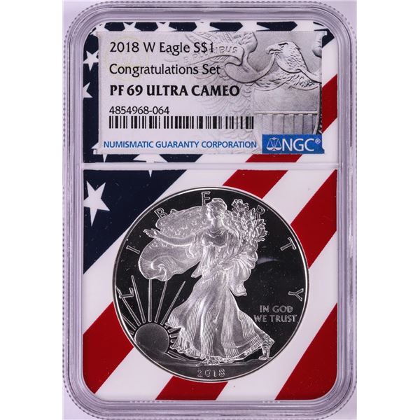 2018-W $1 Proof American Silver Eagle Coin NGC PF69 Ultra Cameo Congratulations Flag