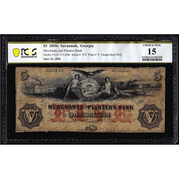 1850's $5 Merchants and Planters Bank Savannah, GA Obsolete Note PCGS Choice Fine 15