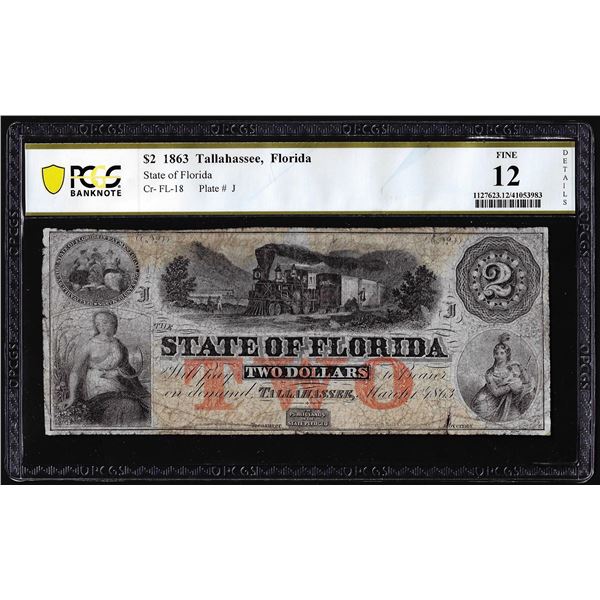 1863 $2 State of Florida Cr-FL-18 Obsolete Note PCGS Fine 12 Details