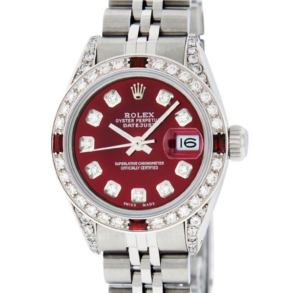 Rolex Ladies Stainless Steel Diamond & Ruby Datejust Wristwatch