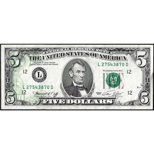1974 $5 Federal Reserve Note Partial Offset Error