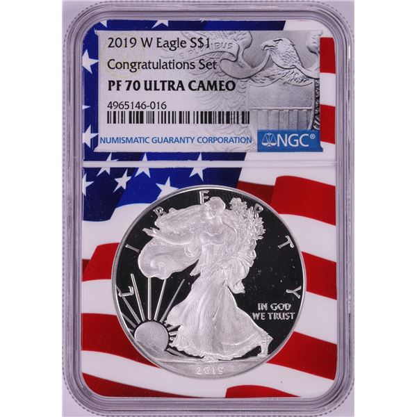 2019-W $1 Proof American Silver Eagle Coin NGC PF70 Ultra Cameo Congratulations Flag