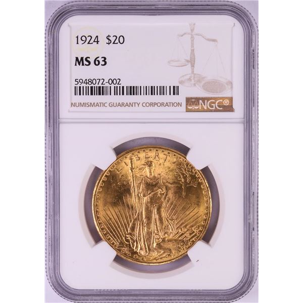 1924 $20 St. Gaudens Double Eagle Gold Coin NGC MS63