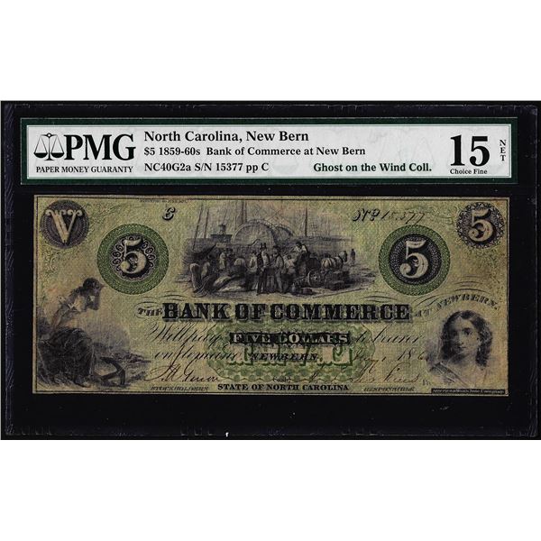 1859-60s $5 Bank of Commerce New Bern North Carolina Obsolete Note PMG Choice Fine 15