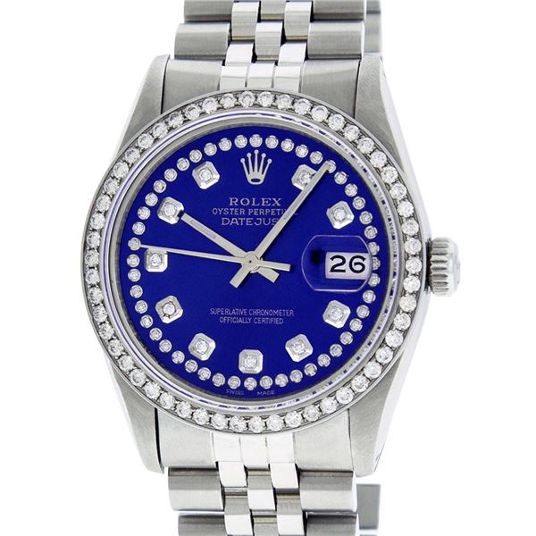 Rolex Stainless Steel Blue String Diamond Oyster Perpetual Datejust Wristwatch