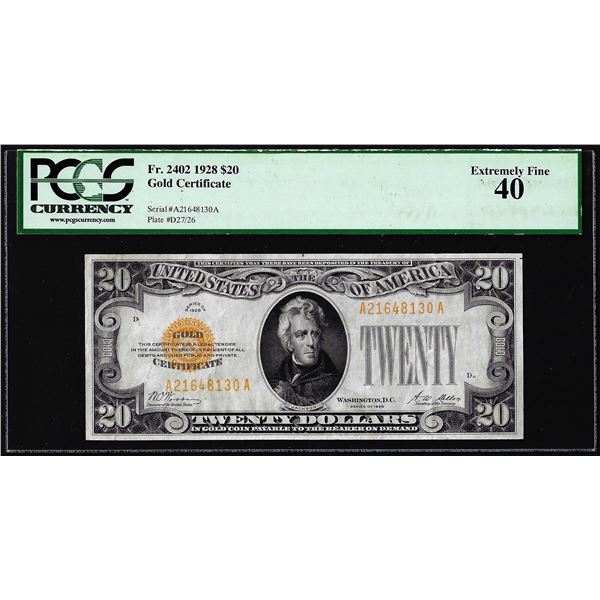 1928 $20 Gold Certificate Note Fr.2402 PCGS Choice Extremely Fine 40