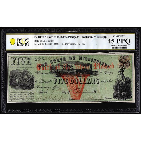 1862 $5 Faith of the State Pledged Jackson, MS Obsolete Note PCGS Choice XF45PPQ