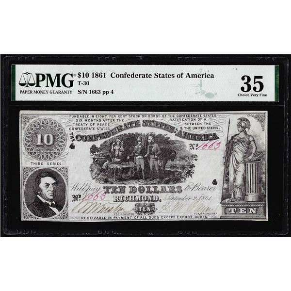 1861 $10 Confederate States of America Note T-30 PMG Choice Very Fine 35