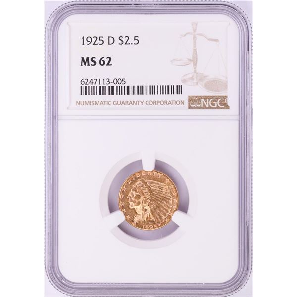 1925-D $2 1/2 Indian Head Quarter Eagle Gold Coin NGC MS62