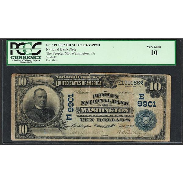 Serial # 1 1902 DB $10 Washington, PA CH# 9901 National Currency Note PCGS Very Good 10