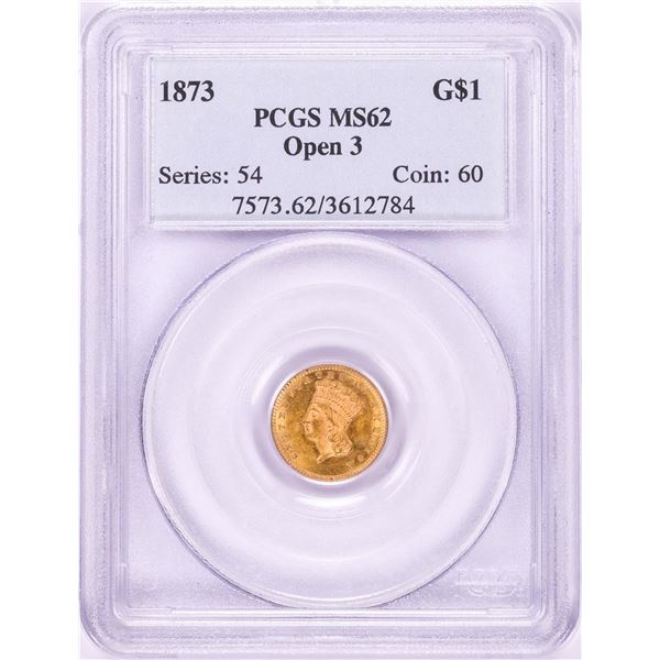 1873 Open 3 $1 Indian Princess Head Gold Dollar Coin PCGS MS62
