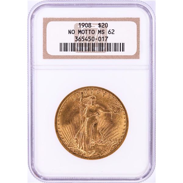 1908 No Motto $20 St. Gaudens Double Eagle Gold Coin NGC MS62