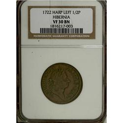1722 1/2P Hibernia Halfpenny, Type One, Harp Left  VF30