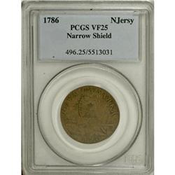 1786 COPPER New Jersey Copper, Narrow Shield VF25 PCGS