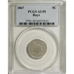 1867 5C Rays AU55 PCGS