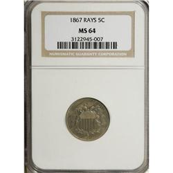 1867 5C Rays MS64 NGC