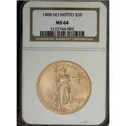 1908 $20 No Motto MS64 NGC
