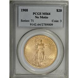 1908 $20 No Motto MS64 PCGS