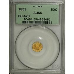 1853 50C Liberty Round 50 Cents, BG-428, R.3, AU55 PCG