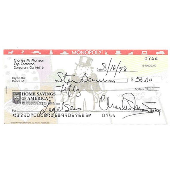 Rare Charles Manson Signed bank check