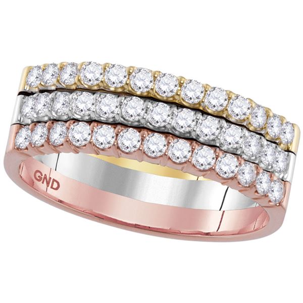 Round Diamond Triple Row Band Ring 3/4 Cttw 14KT Tri-Tone Gold