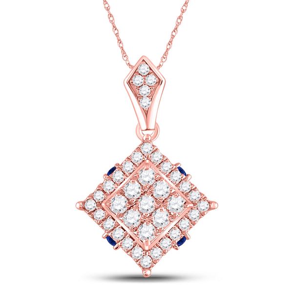 Round Diamond Blue Sapphire Square Pendant 5/8 Cttw 14KT Rose Gold