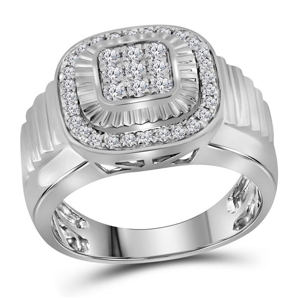 Round Diamond Square Ribbed Cluster Ring 3/4 Cttw 10KT White Gold