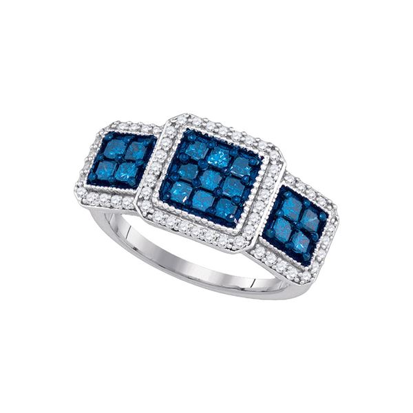 Round Blue Color Enhanced Diamond Triple Square Cluster Ring 1 Cttw 10KT White Gold