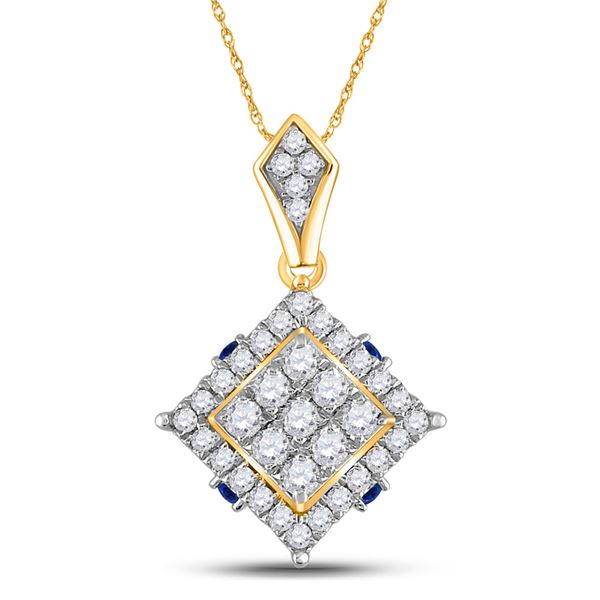 Round Diamond Blue Sapphire Square Pendant 5/8 Cttw 14KT Yellow Gold