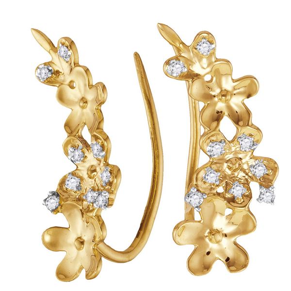 Round Diamond Floral Climber Earrings 1/10 Cttw 10KT Yellow Gold