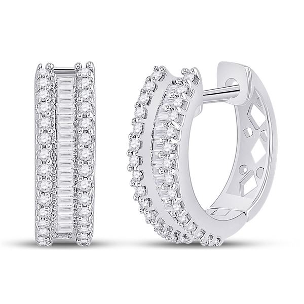 Round Baguette Diamond Hoop Earrings 1/2 Cttw 10KT White Gold