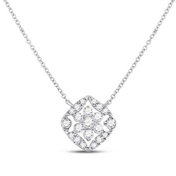 Round Diamond Floral Cluster Necklace 1/3 Cttw 14KT White Gold