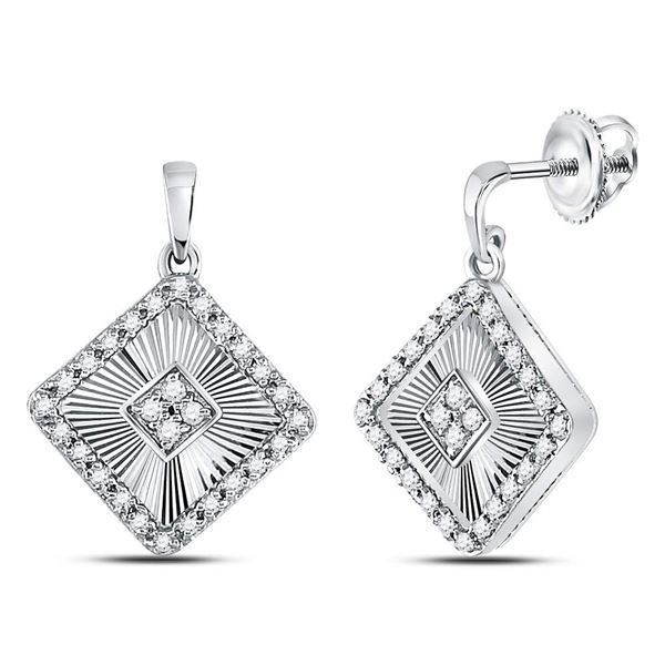 Round Diamond Diagonal Square Dangle Earrings 1/5 Cttw 10KT White Gold