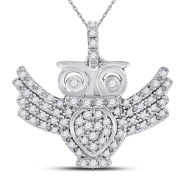 Round Diamond Owl Bird Animal Pendant 1/4 Cttw 10KT White Gold
